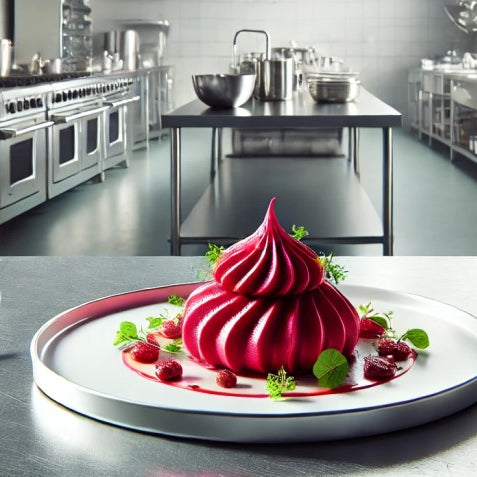 Savoury Beetroot Meringue made using Special Ingredients Easy Whip and Isomalt Powder. Displayed in a swirl on a white plate, set in a modern chefs industrial kitchen. 