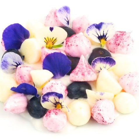 Small pieces of whipped yoghurt made using Special Ingredients Easy Whip placed on a white background amongst purple edible flowers. 