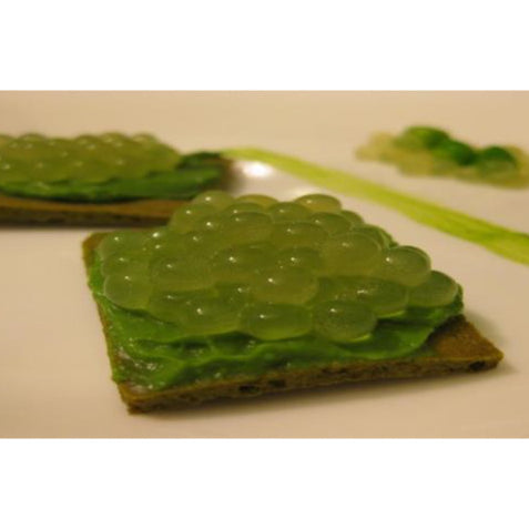 Pea Caviar made with a Calcium Bath, using Special Ingredients Calcium Lactate and Sodium Alginate