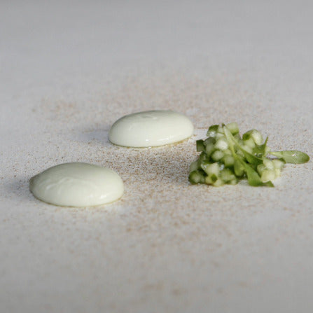 Delicious cucumber spheres made with Special Ingredients Sodium Alginate set on a plate, accompanied by finely diced cucumber