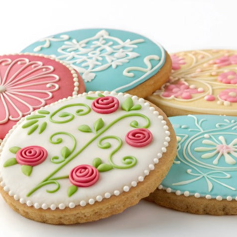 Delicious cookies generously decorated exquisitely with soft royal icing made with Special Ingredients Vegetable Glycerine.