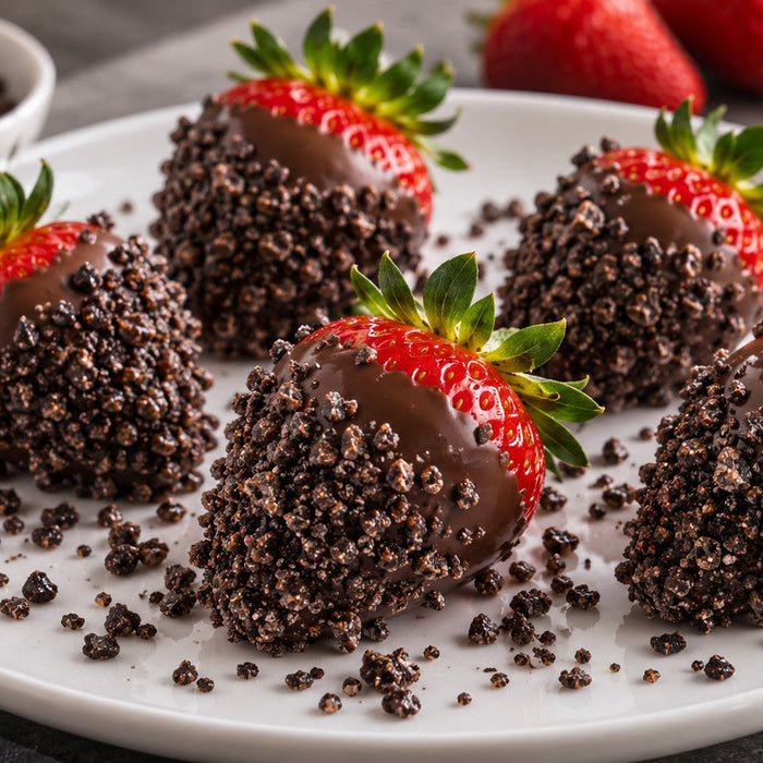 Strawberries dipped in melted chocolate and gently rolled in Special Ingredients Crackle Crystals