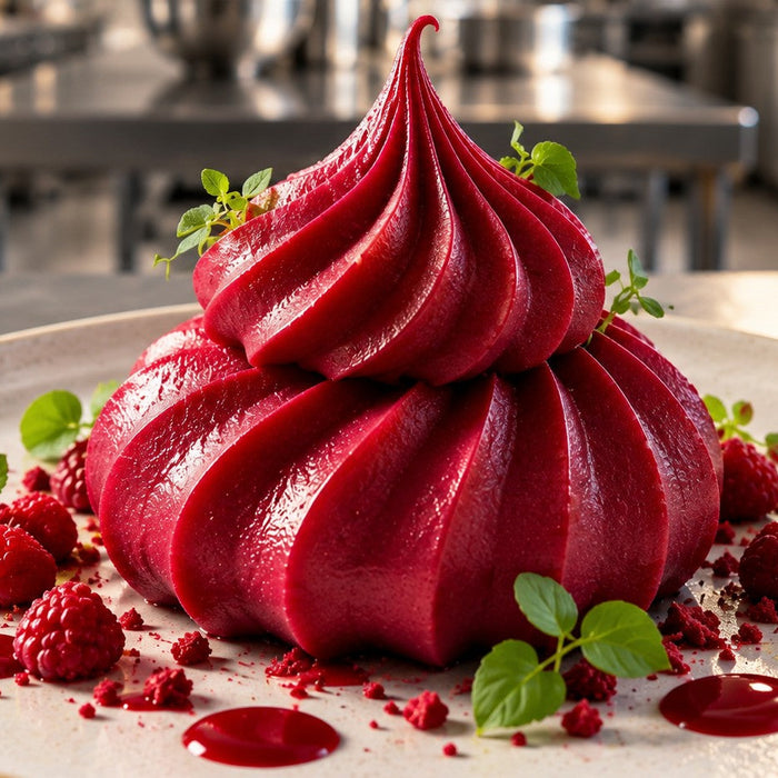 Savoury Beetroot Meringue made using Special Ingredients Easy Whip and Isomalt Powder. Displayed in a swirl on a white plate, set in a modern chefs industrial kitchen. 