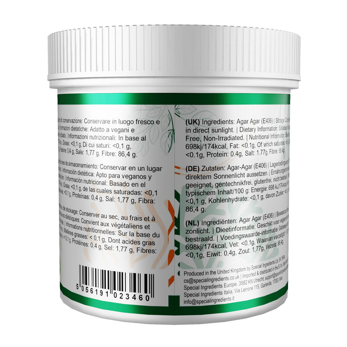 Agar Agar Powder for thickening and gelling food products, suitable for vegan desserts, jellies, puddings, confectionery, bakery recipes, sauces, jams and molecular gastronomy applications.