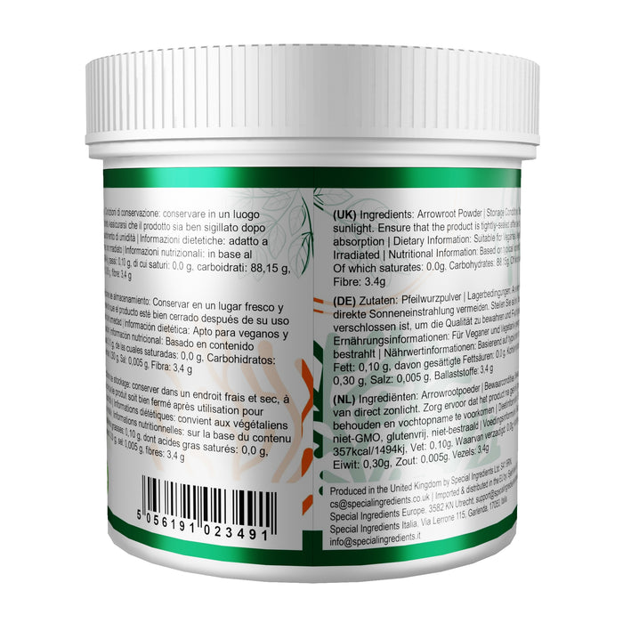 Arrowroot Powder is a premium natural thickener that can be used in fruit jellies, custards, puddings, sauces, gravies, pie fillings, biscuits, cookies, and gluten-free baked goods. It produces clear, shiny results and is suitable for vegan, vegetarian, and gluten-free cooking.